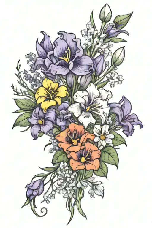 bouquet made of irises, violets, waterlilies, larkspur, poppies, gladiolus and daisies. tattoo design idea