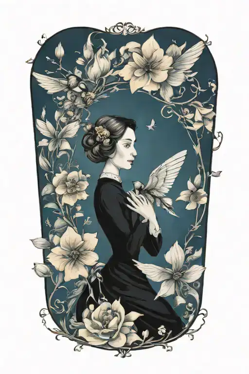 emily Dickinson with flower frame and flying bee and bird tattoo design idea