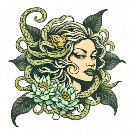 medusa head with snakes and lotus flower tattoo design idea
