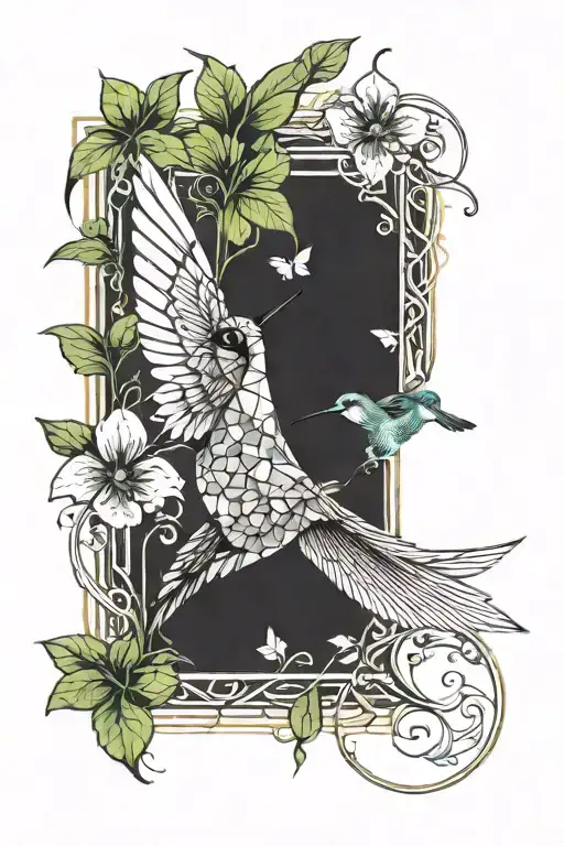 humming bird with a 4 leaf clover leaf tattoo design idea