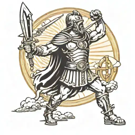 A tattoo showcasing a Roman gladiator wielding a sword in an epic battle scene, with elements of science and philosophy subtly incorporated tattoo design idea
