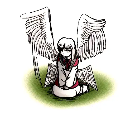a cartoon angel kneeling and praying while facing to the right with the words, "A wing and a prayer and I'm still alive" tattoo design idea