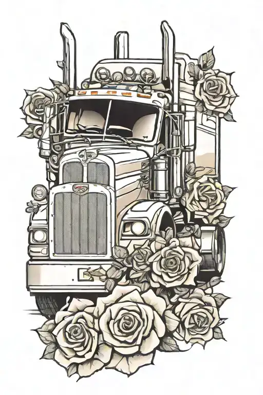 realistic peterbilt semi truck and roses growing tattoo design idea