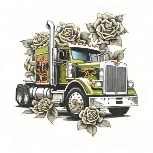 A realistic portrait of a Peterbilt truck with a background of vibrant roses tattoo design idea