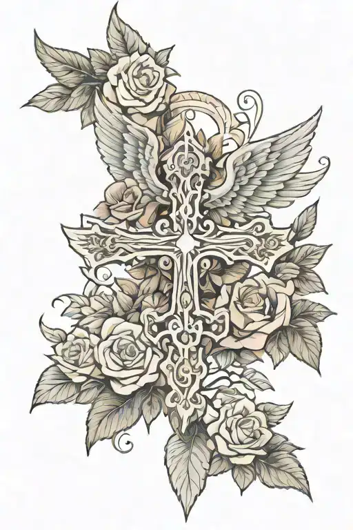 cross with wide spread wings and surrounded by roses, above is standing "mortuus est pro nobis" tattoo design idea