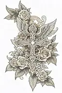 cross with wide spread wings and surrounded by roses, above is standing "mortuus est pro nobis" tattoo design idea