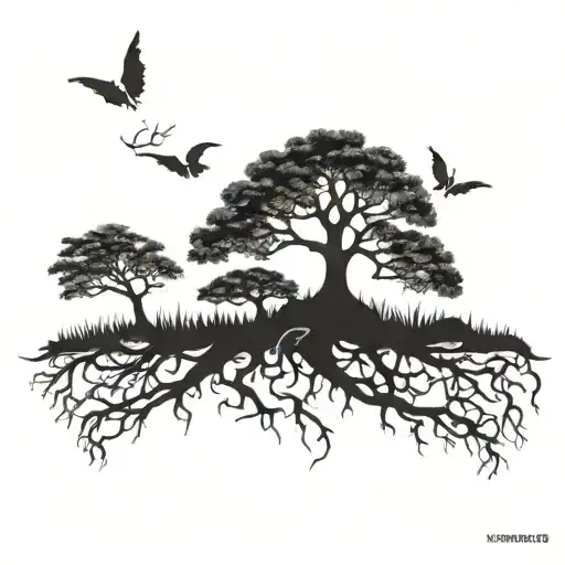 ash tree with intricate roots tattoo design idea