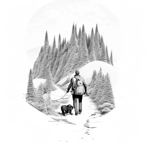 man walking dog through a mountain track in the distance tattoo design idea