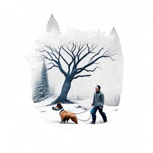 man walking dog through forest tattoo design idea