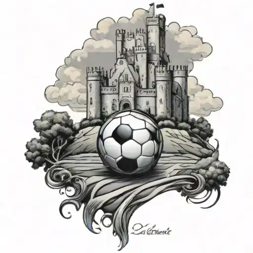 A majestic Irish castle overlooking a soccer field, blending the client's love for Ireland and soccer in a unique tattoo tattoo design idea