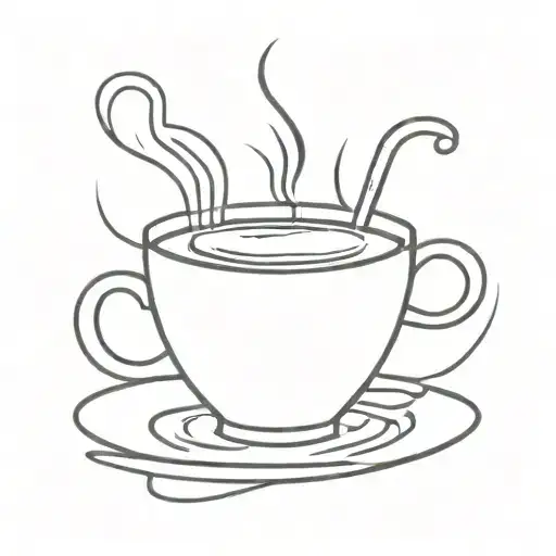 A minimalist tattoo of a steaming cup of coffee with a tiny guitar leaning against it tattoo design idea
