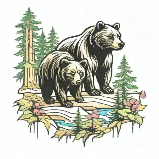 bears in forest scene tattoo design idea