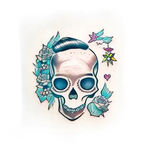 girl skull with messy bun hairdo tattoo design idea
