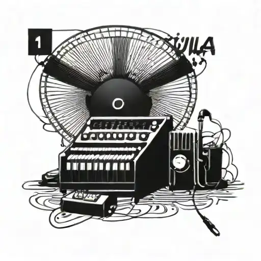 synthesizer with the inscription Julia on which a floor fan blows tattoo design idea