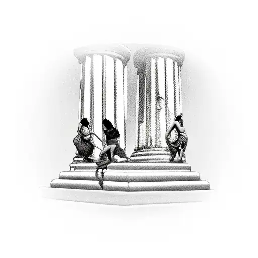 Two moms in front of greek column protecting a baby wich each mom is a sword and a shield tattoo design idea