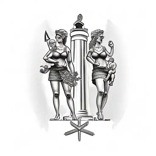 Two moms in front of greek column protecting a baby wich each mom is a sword and a shield tattoo design idea