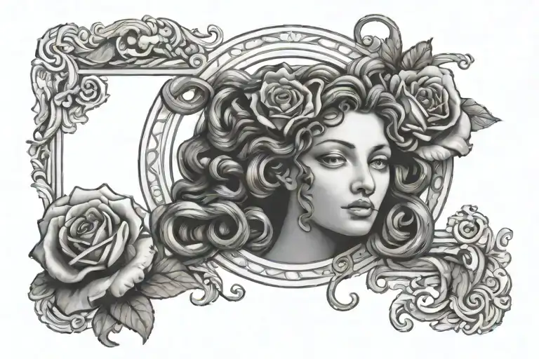 medusa head inside an antique frame with snakes and roses as a backdrop  tattoo design idea