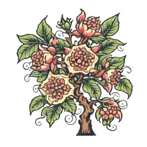 A traditional style pomegranate tree with vibrant blossoms tattoo design idea