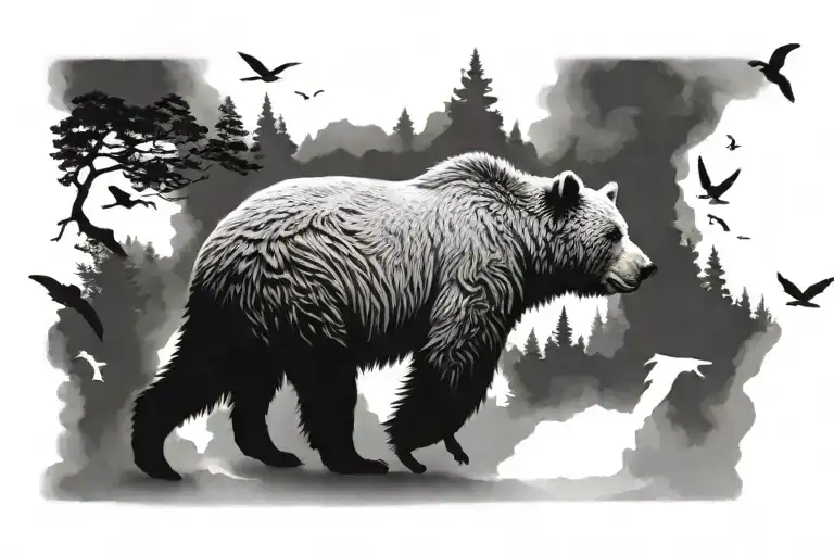walking humpback, grizzly, bear with head, turned to the right, slightly frosty background with flying birds tattoo design idea