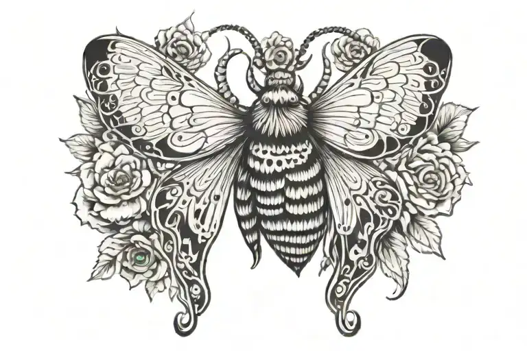 moth from hell with a noose of flowers tattoo design idea