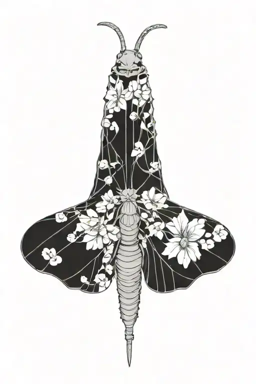 deathmoth with a noose made of  tiny flowers  tattoo design idea