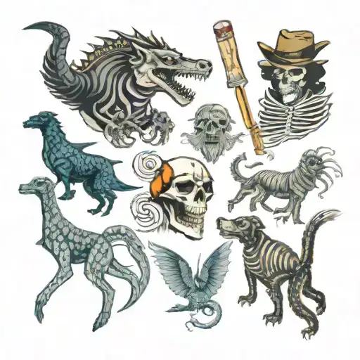 Design a tattoo flash sheet of dogs, cigarettes, skeletons, bats, spiders, music, Godzilla, a cowboy,  tattoo design idea