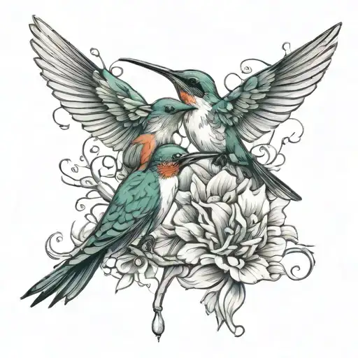 3 humming birds, 2 sitting on branch, and 1 flying away tattoo design idea