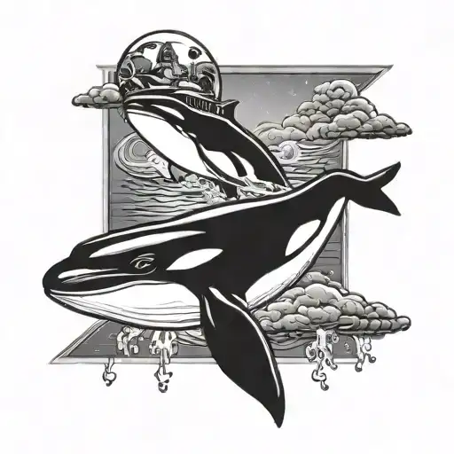 ufo abducting a killer whale swimming in a sea tattoo design idea