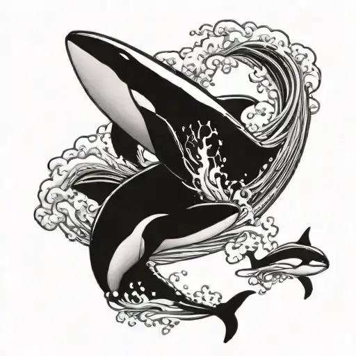 aliens abducting a killer whale swimming in a sea wave tattoo design idea