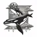 ufo abducting a killer whale swimming in a sea tattoo design idea