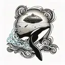 ufo abducting a killer whale swimming in a sea tattoo design idea
