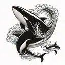 aliens abducting a killer whale swimming in a sea wave tattoo design idea