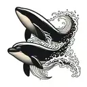 aliens abducting a killer whale swimming in a sea wave tattoo design idea