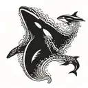 aliens abducting a killer whale swimming in a sea wave tattoo design idea