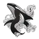 aliens abducting a killer whale swimming in a sea wave tattoo design idea