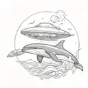 ufo abducting a killer whale swimming in a sea tattoo design idea