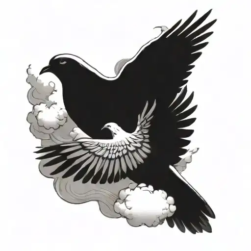 two doves flying in clouds with sun tattoo design idea