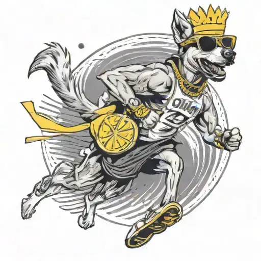 An entrepreneur running a marathon with a dog wearing sunglasses and a lemon crown cheering on the sidelines tattoo design idea