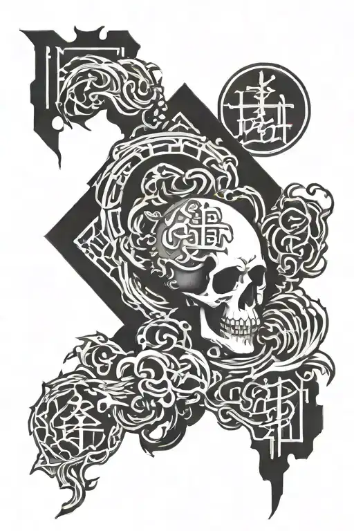 kanji and death surrounded tattoo design idea