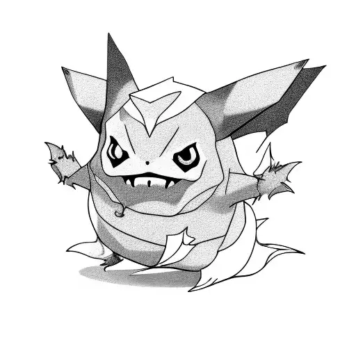 gengar pokémon with flowers black and white tattoo design idea