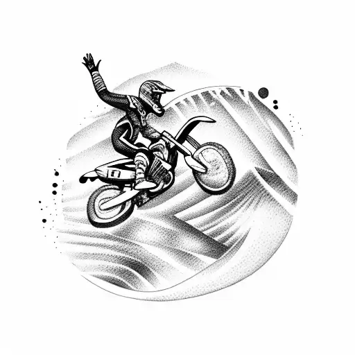 A dotwork tattoo of a motocross rider jumping over a tropical landscape with palm trees and waves tattoo design idea