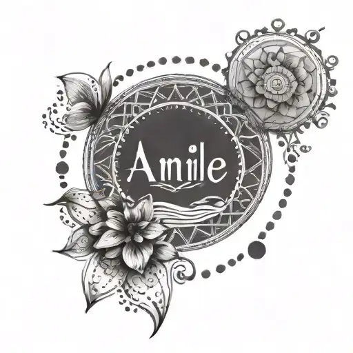 A dotwork mandala incorporating elements of surfing and the names Amélie and Nora tattoo design idea