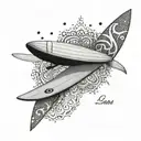 A dotwork mandala incorporating elements of surfing and the names Amélie and Nora tattoo design idea