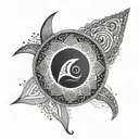 A dotwork mandala incorporating elements of surfing and the names Amélie and Nora tattoo design idea