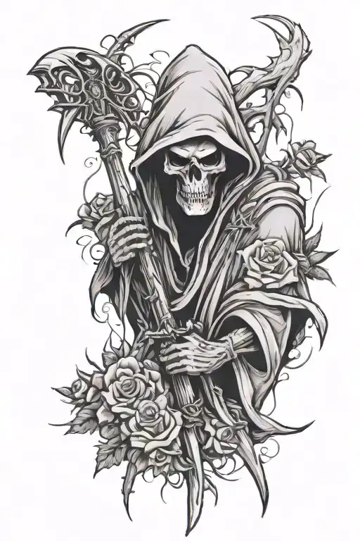 grim reaper surrounded by roses and thorns. tattoo design idea