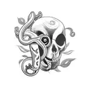 black and white forearm tattoo with snake coming out of eyes and mouth of skull surrounded by lilies and leaves tattoo design idea