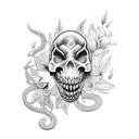 black and white forearm tattoo with snake coming out of eyes and mouth of skull surrounded by lilies and leaves tattoo design idea