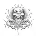black and white forearm tattoo with snake coming out of eyes and mouth of skull surrounded by lilies and leaves tattoo design idea