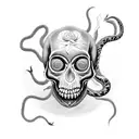 black and white forearm tattoo with snake coming out of eyes and mouth of skull surrounded by lilies and leaves tattoo design idea