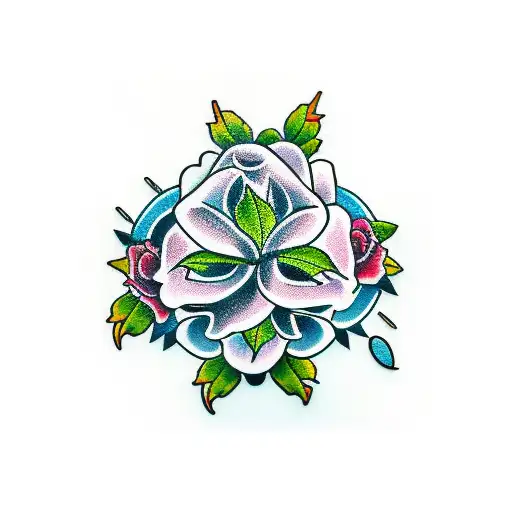 cross roses banners tattoo design idea